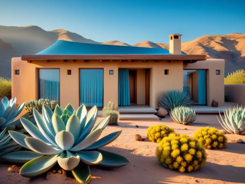 Casa de adobe con diseño sostenible enfriamiento pasivo en desierto soleado