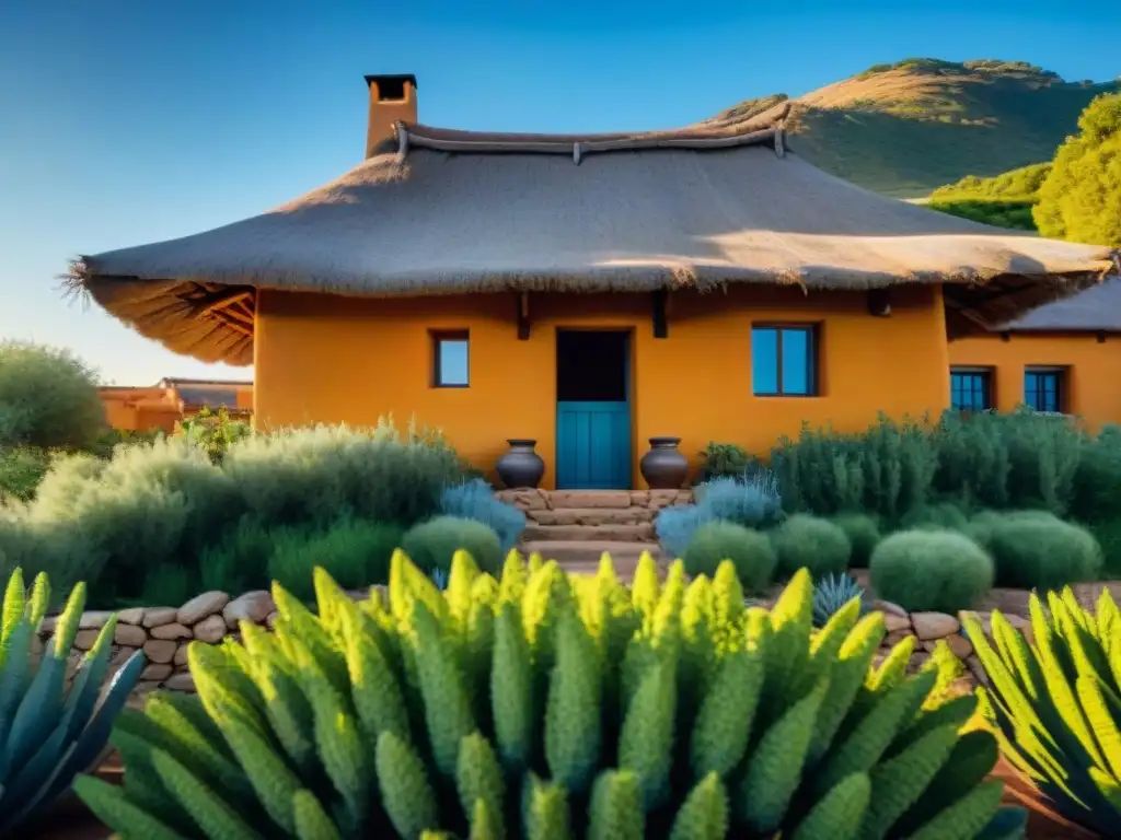 Casa de adobe en paisaje verde con techo de paja y jardín sostenible, reflejando materiales construcción tradicionales arquitectura verde