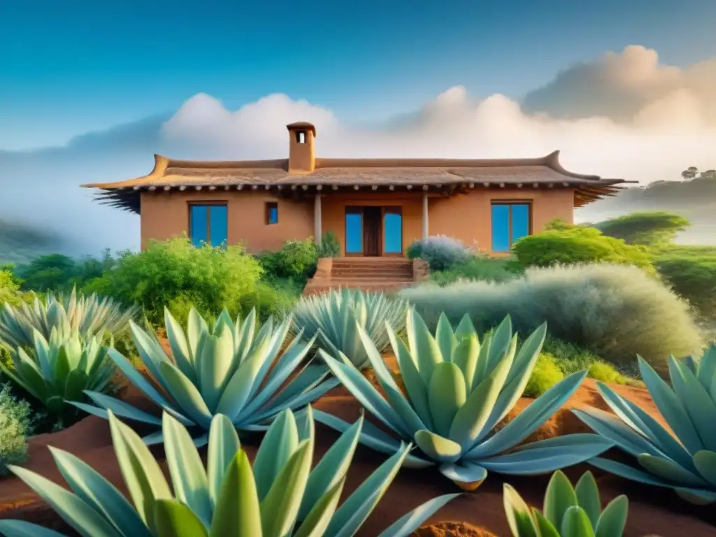 Una casa de adobe rodeada de vegetación, bajo un cielo azul