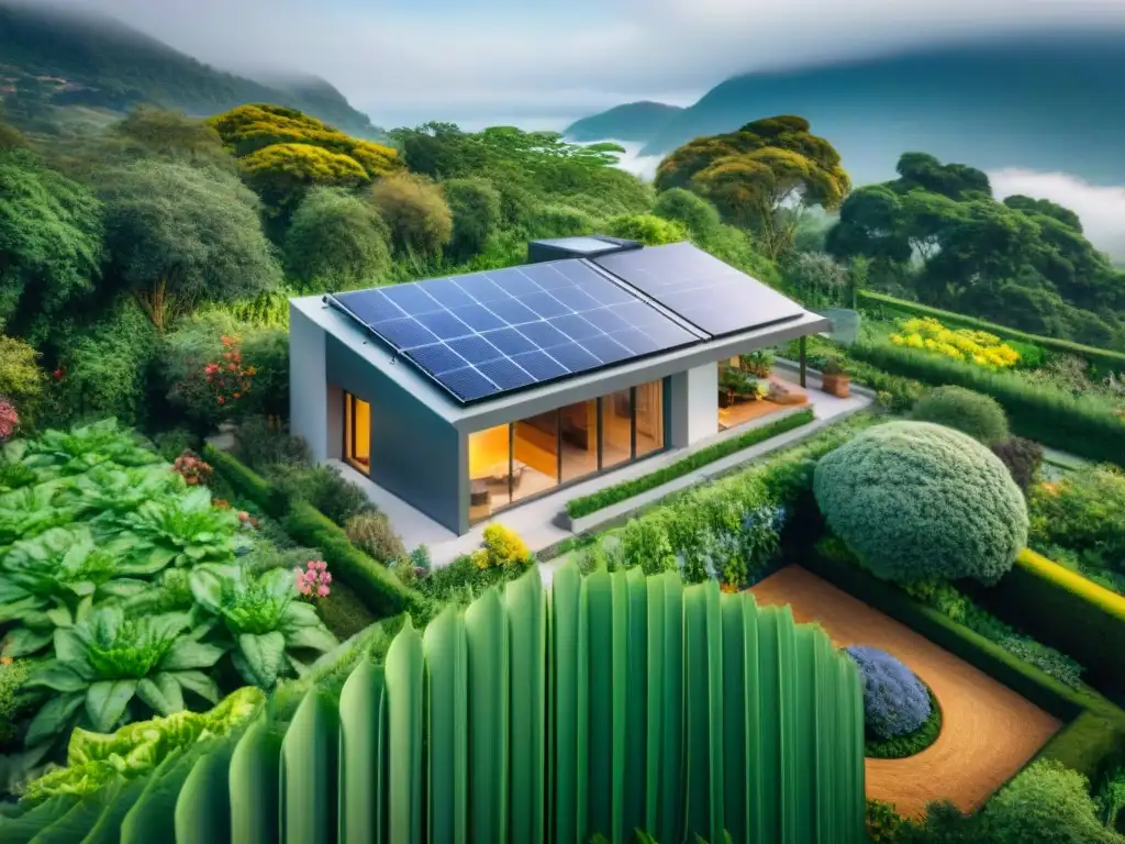 Una casa autosuficiente y ecológica integrada con la naturaleza, con paneles solares, sistema de recolección de agua lluvia y huerto