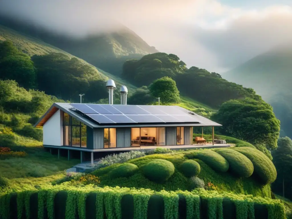 Casa autosuficiente con huella ecológica: moderna, rodeada de vegetación, paneles solares, sistema de recolección de agua y turbina eólica