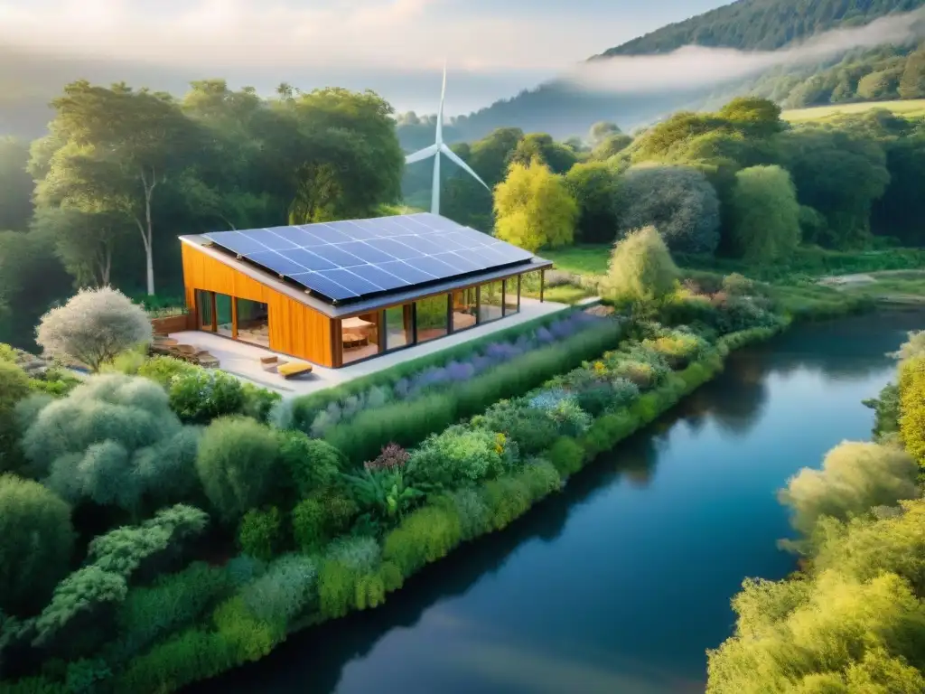 Una casa autosuficiente en medio de un bosque con huella ecológica, paneles solares, turbina eólica y jardín de vegetales