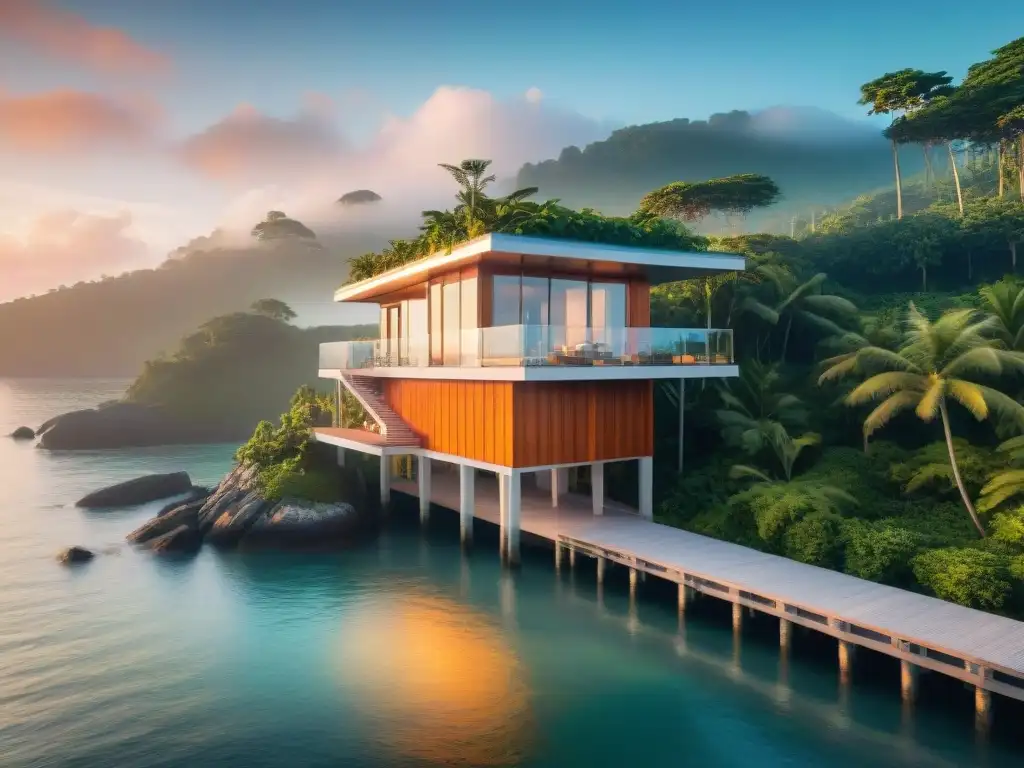 Casa costera innovadora con soluciones sostenibles y vistas al mar al atardecer