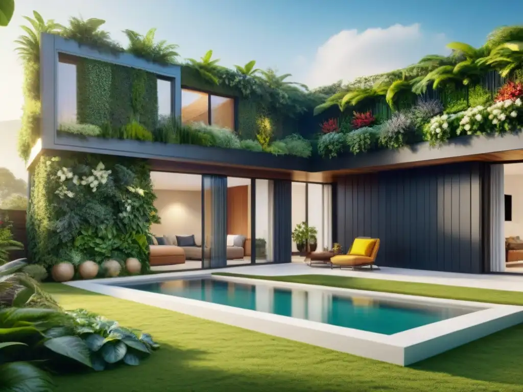 Casa ecoamigable con jardines verticales y paneles solares integrados