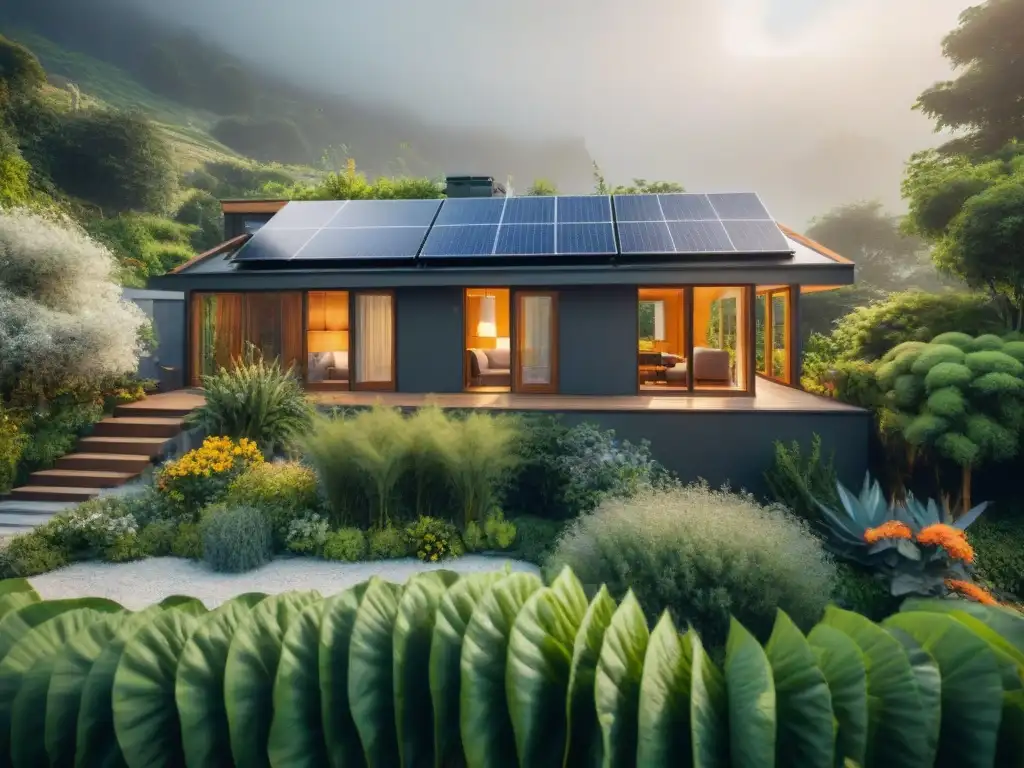 Casa ecoamigable con materiales reciclados, paneles solares, jardín verde y luz natural