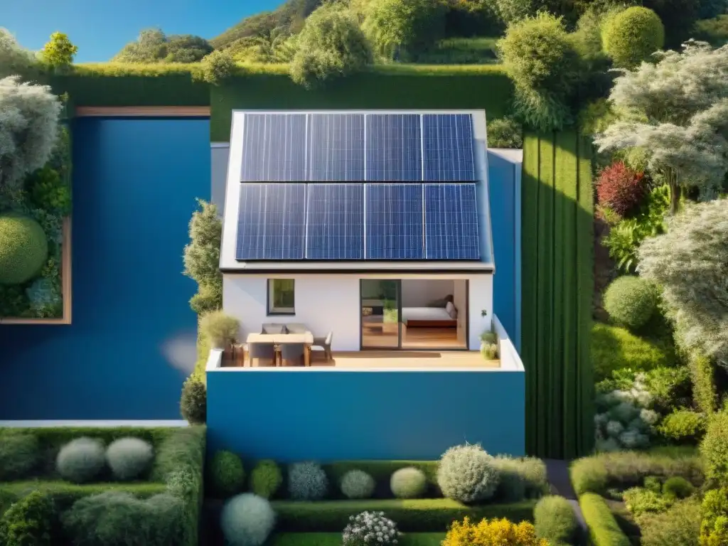 Una casa ecoamigable con paneles solares brillantes en el techo, rodeada de vegetación exuberante y cielo azul