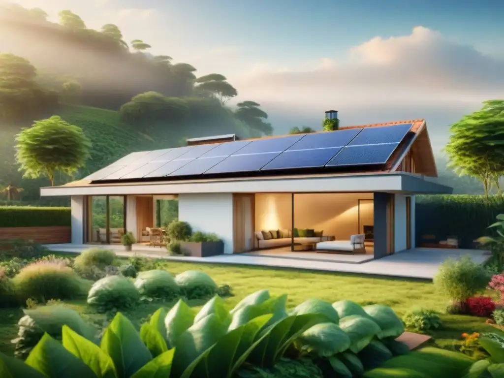 Casa ecoamigable con paneles solares, rodeada de vegetación y huerto