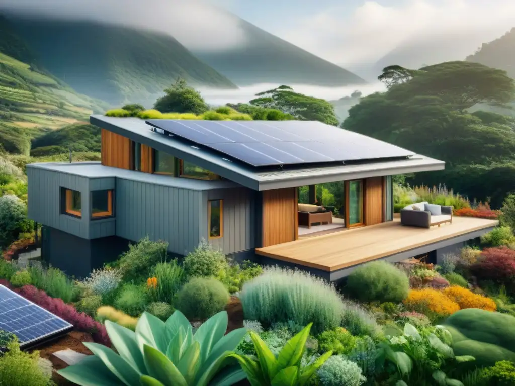 Una casa ecoamigable con paneles solares, techo verde y sistema de recolección de agua