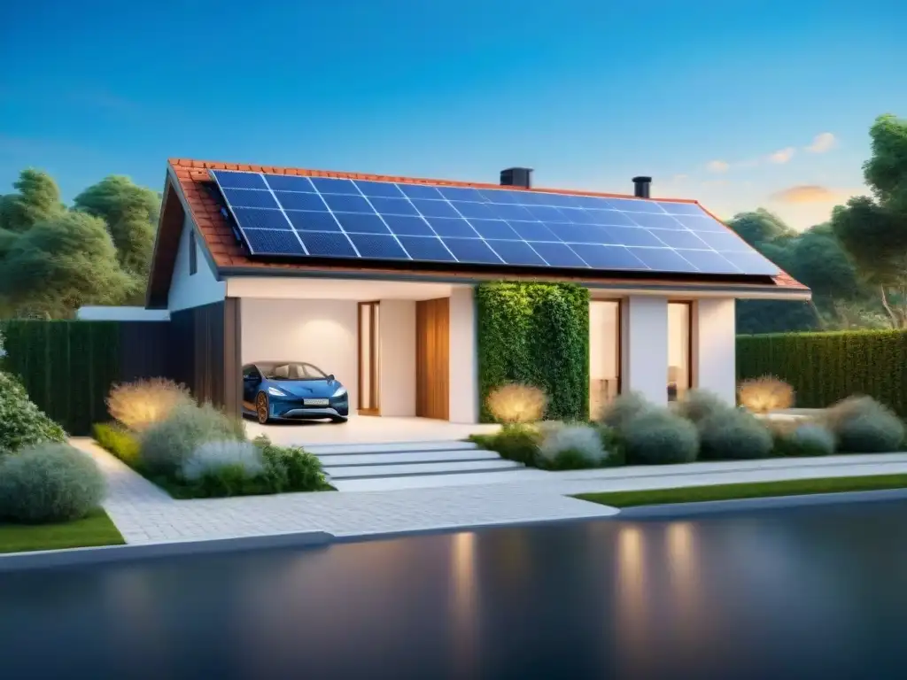 Casa ecoamigable con paneles solares, estación de carga para vehículo eléctrico y vegetación exuberante