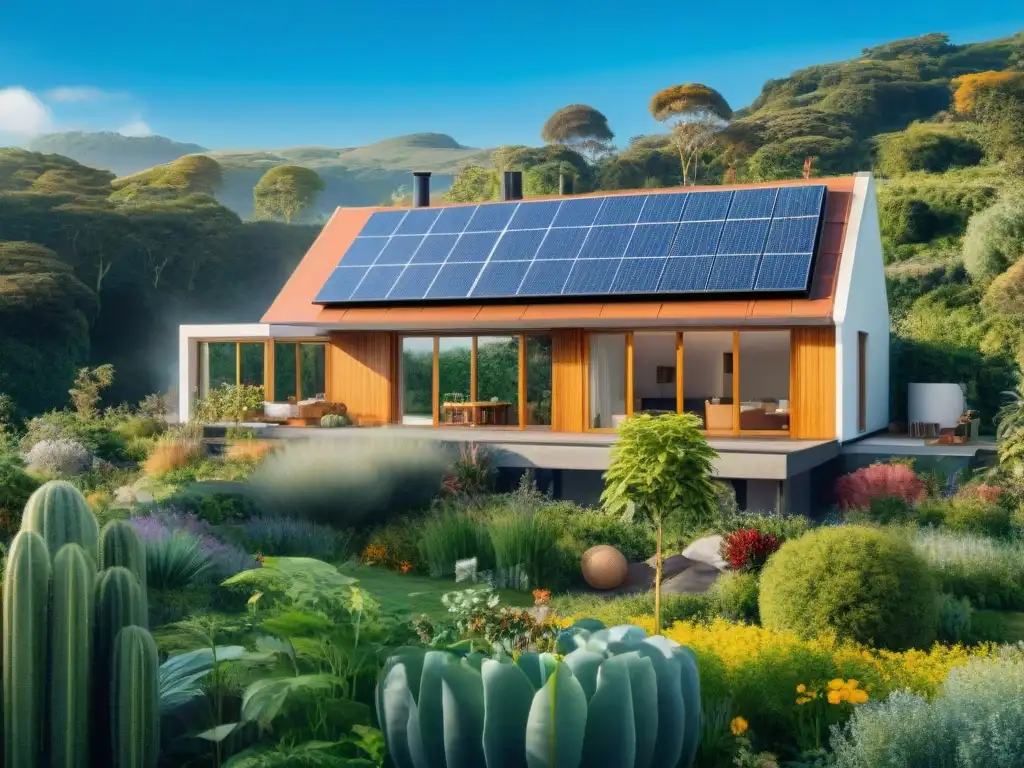 Una casa ecoamigable rodeada de naturaleza con paneles solares y jardines vibrantes