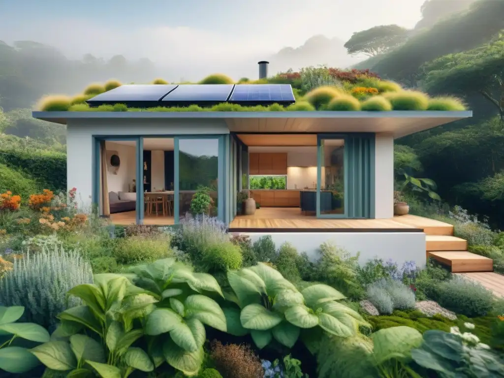 Una casa ecológica de ensueño rodeada de naturaleza exuberante, con energía solar y jardín sostenible