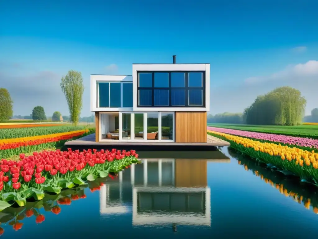 Casa flotante sostenible en Países Bajos con diseño innovador, rodeada de agua, molinos y tulipanes