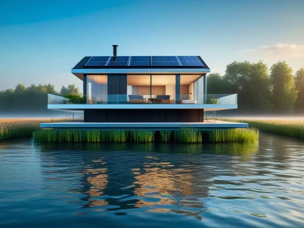 Casa flotante sostenible en Países Bajos: diseño innovador con paneles solares, grandes ventanales y aguas tranquilas reflejando el cielo azul