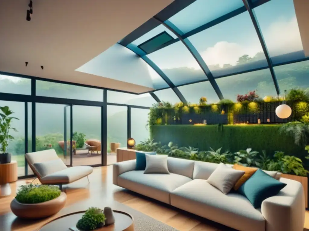 Una casa futurista sostenible con normativas hogares sostenibles futuro: techos solares, jardín vertical, amplias ventanas y diseño ecoamigable