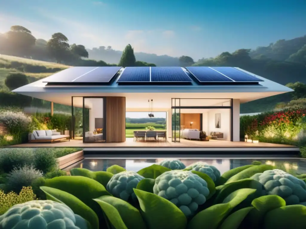 Una casa futurista sostenible con tecnología inteligente y jardines verticales, integrando paneles solares