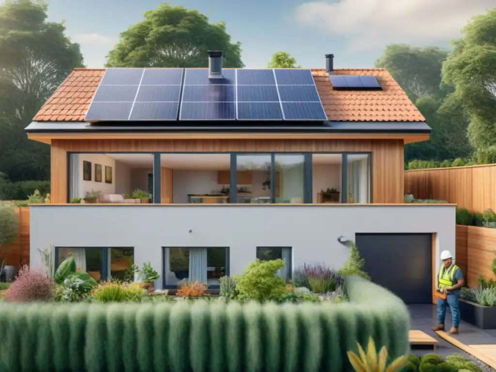 Renovación ecoamigable: instalación de paneles solares y aislamiento sostenible en casa moderna Renovación ecológica en casa con instalación de paneles solares y aislamiento sostenible