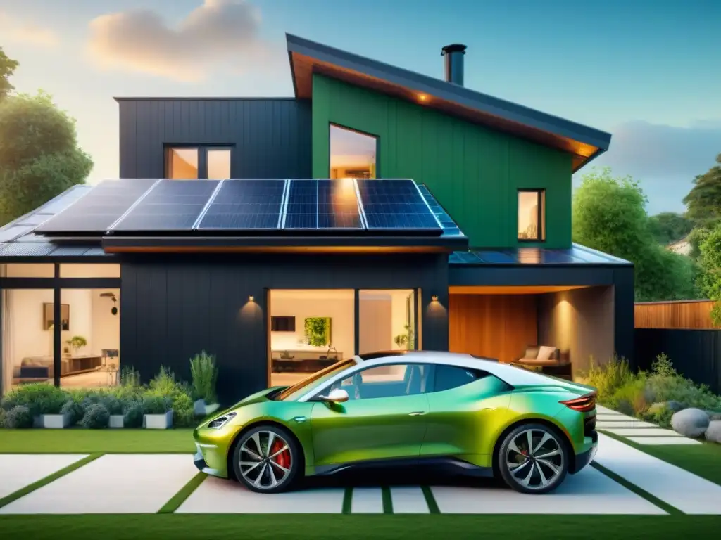 Casa inteligente ecoamigable con tecnología verde para hogar, paneles solares y auto eléctrico en garaje