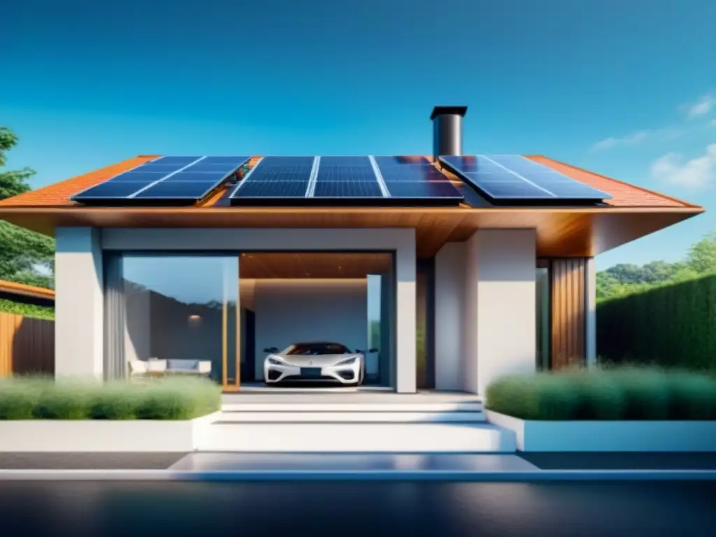 Casa inteligente con energía solar y autos eléctricos cargando, rodeada de naturaleza