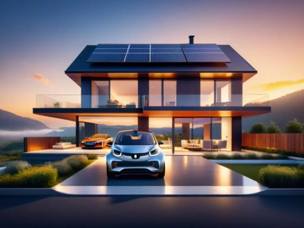 Casa inteligente con paneles solares integrados captando la luz del atardecer, simbolizando la eficiencia energética en Smart Homes