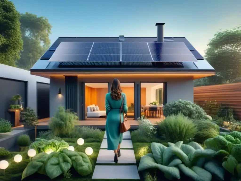 Una casa inteligente sostenible rodeada de naturaleza, con paneles solares y una familia feliz en el porche