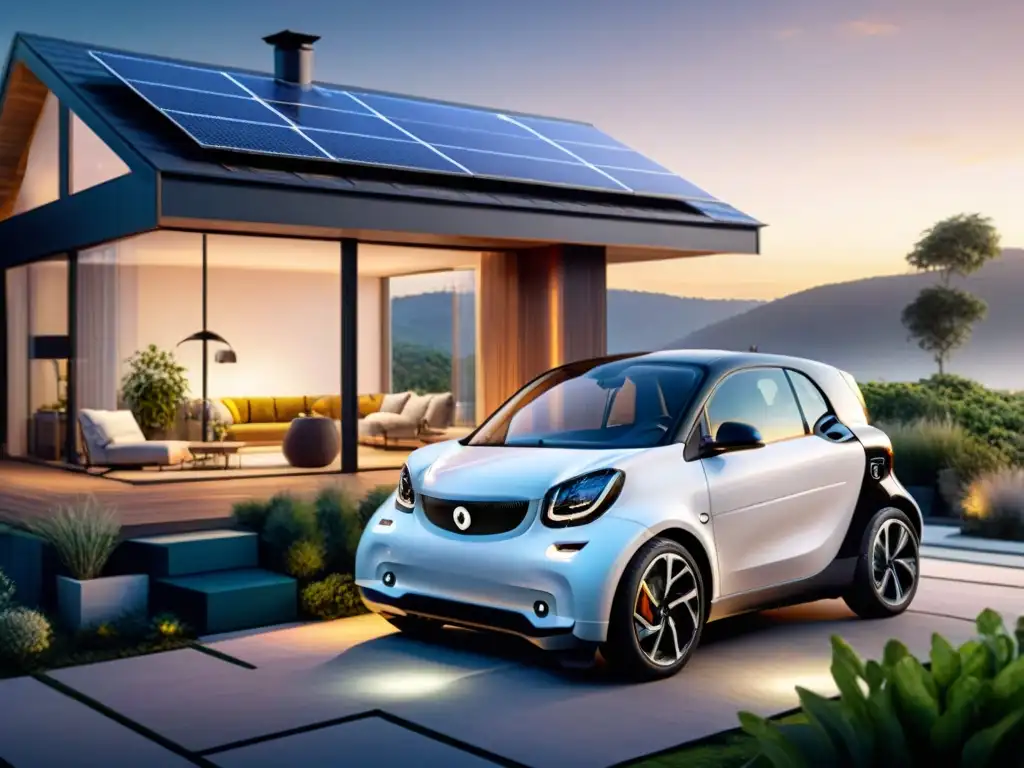 'Una casa inteligente sostenible tecnológica: paneles solares, techo verde, coche eléctrico, familia disfrutando juntos