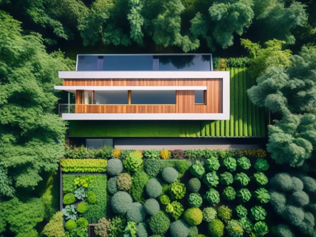 Una casa minimalista y sostenible se integra armoniosamente en un bosque verde