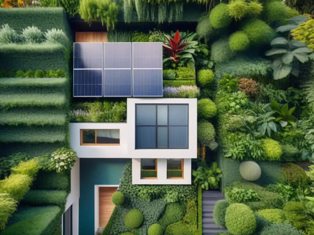 Una casa moderna ecoamigable con jardines verticales y paneles solares integrados en armonía, creando una belleza sostenible