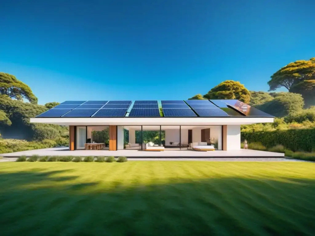 Casa moderna y ecoamigable con paneles solares, rodeada de vegetación y cielos azules