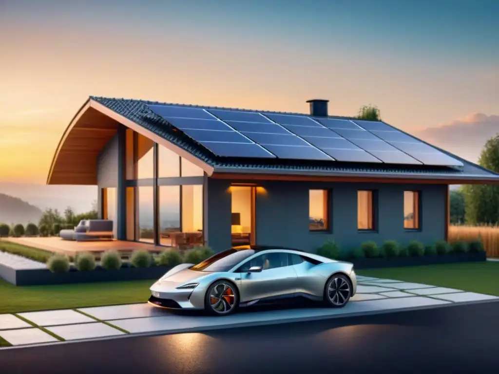 Una casa moderna y ecológica con paneles solares, turbina eólica y auto eléctrico cargando