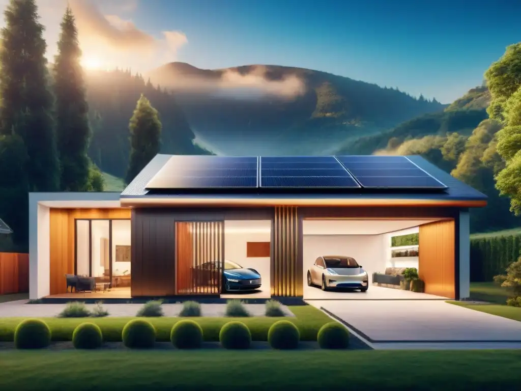 Una casa moderna y ecológica con paneles solares, turbina eólica y batería Tesla