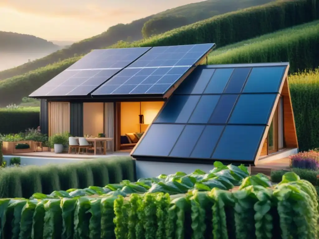 Una casa moderna y ecológica con paneles solares, huerto y familia practicando hábitos sostenibles