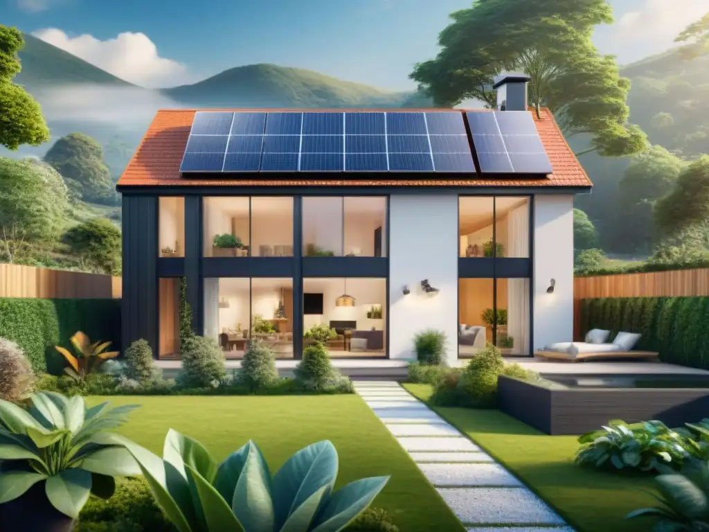 Una casa moderna y ecológica con paneles solares, jardín verde, electrodomésticos eficientes y familia practicando hábitos sostenibles