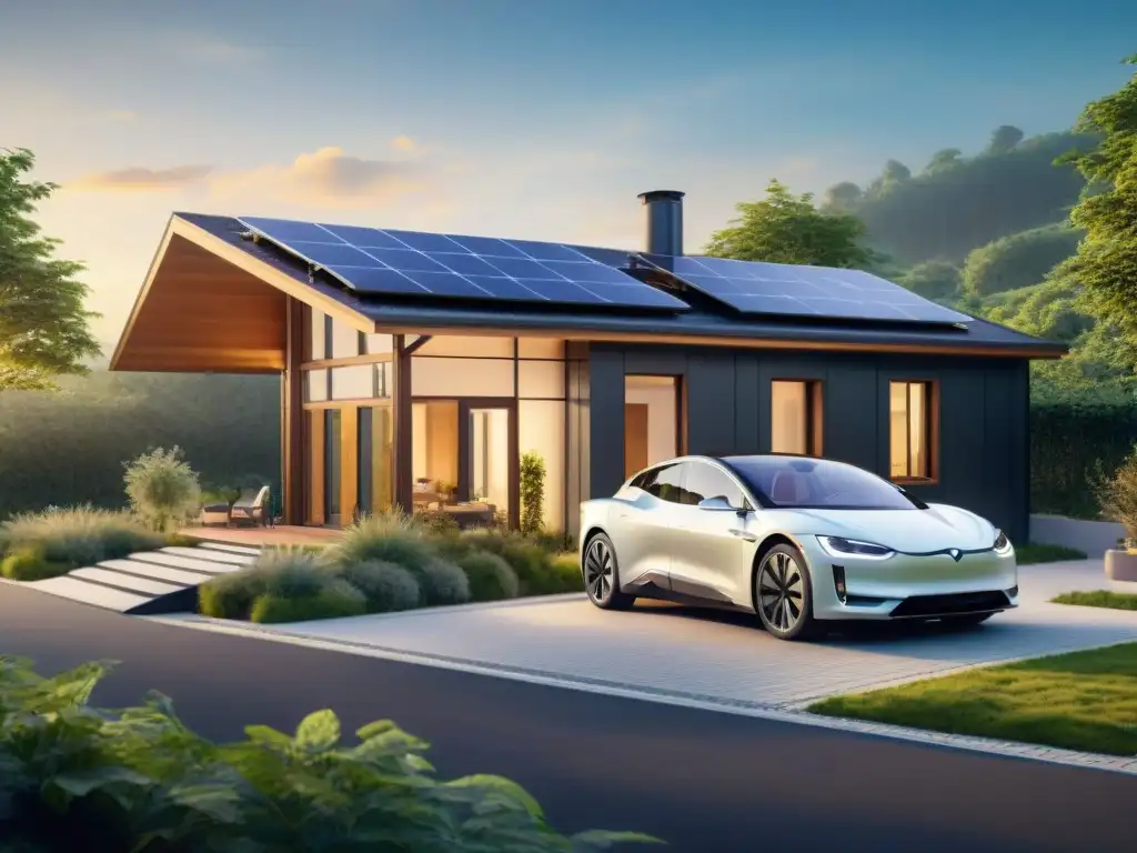 Una casa moderna y ecológica rodeada de vegetación, paneles solares y un coche eléctrico