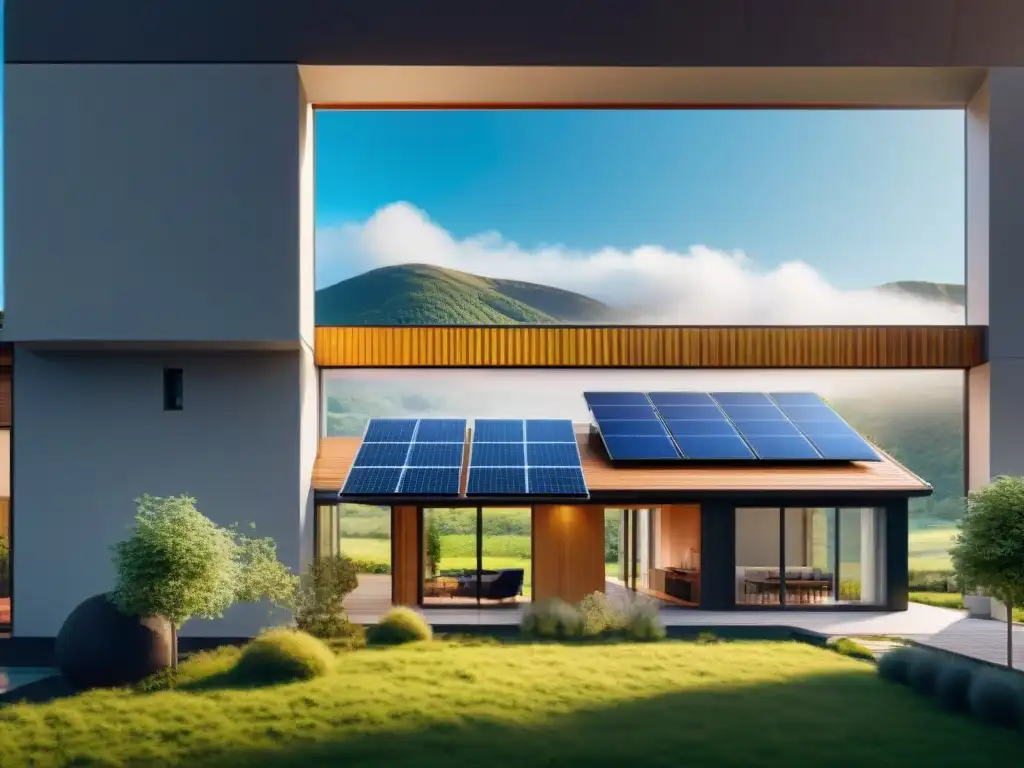 Una casa moderna y eficiente con paneles solares en el techo y electrodomésticos eficientes, en un día soleado