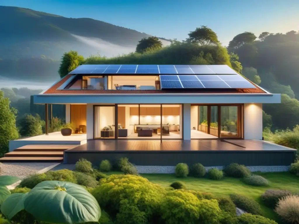 Una casa bioclimática moderna integrada en un paisaje verde, con paneles solares y diseño innovador