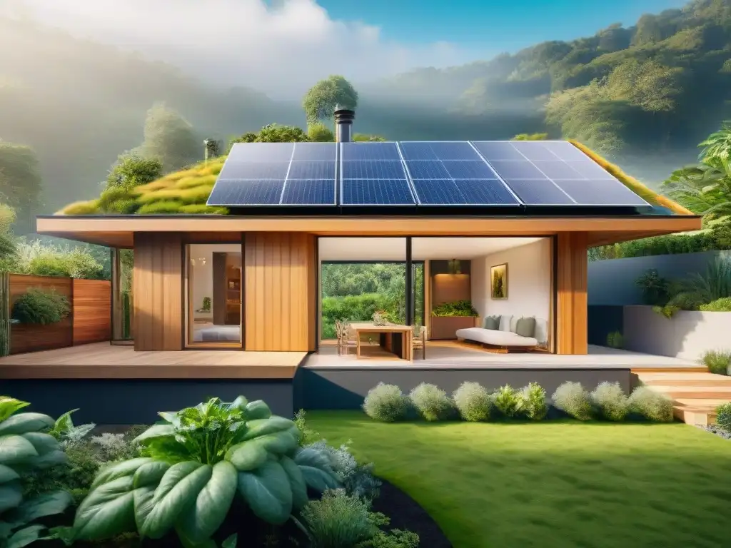 Una casa ecológica moderna con materiales innovadores 2023, paneles solares y jardín verde