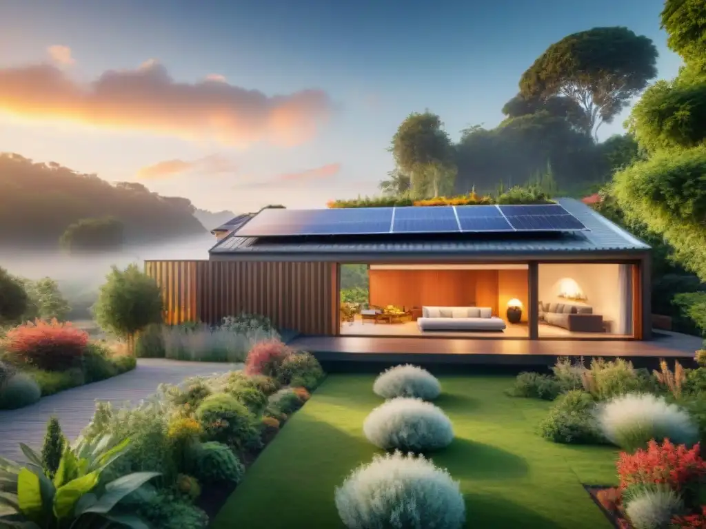 Una casa ecológica moderna con paneles solares en el techo, rodeada de un jardín verde y nativo al atardecer