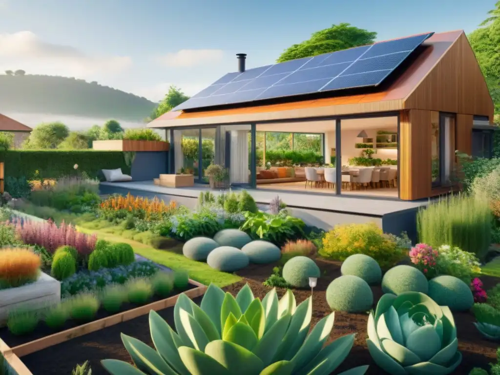 Una casa ecológica moderna con paneles solares, rodeada de vegetación exuberante y una comunidad diversa en un jardín comunitario