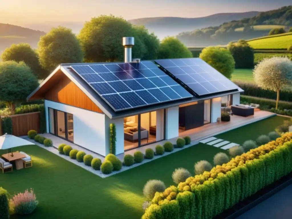 Casa moderna con paneles solares, tecnología inteligente y jardín ecológico al atardecer, destacando subvenciones eficiencia energética reducir facturas