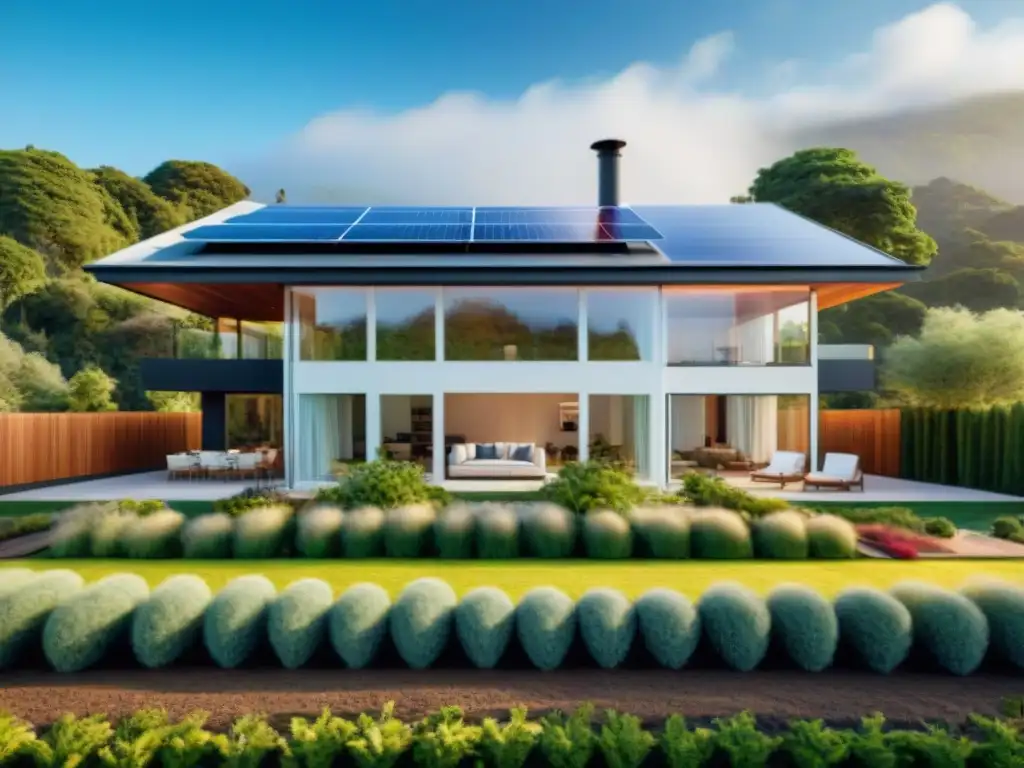 Casa moderna con paneles solares, ventanas de triple panel y calefacción geotérmica, destacando la eficiencia energética en aire acondicionado