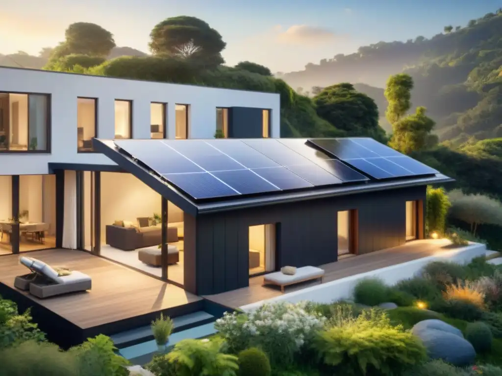 Casa moderna con paneles solares integrados, reflejando diseño ecológico y sustentable