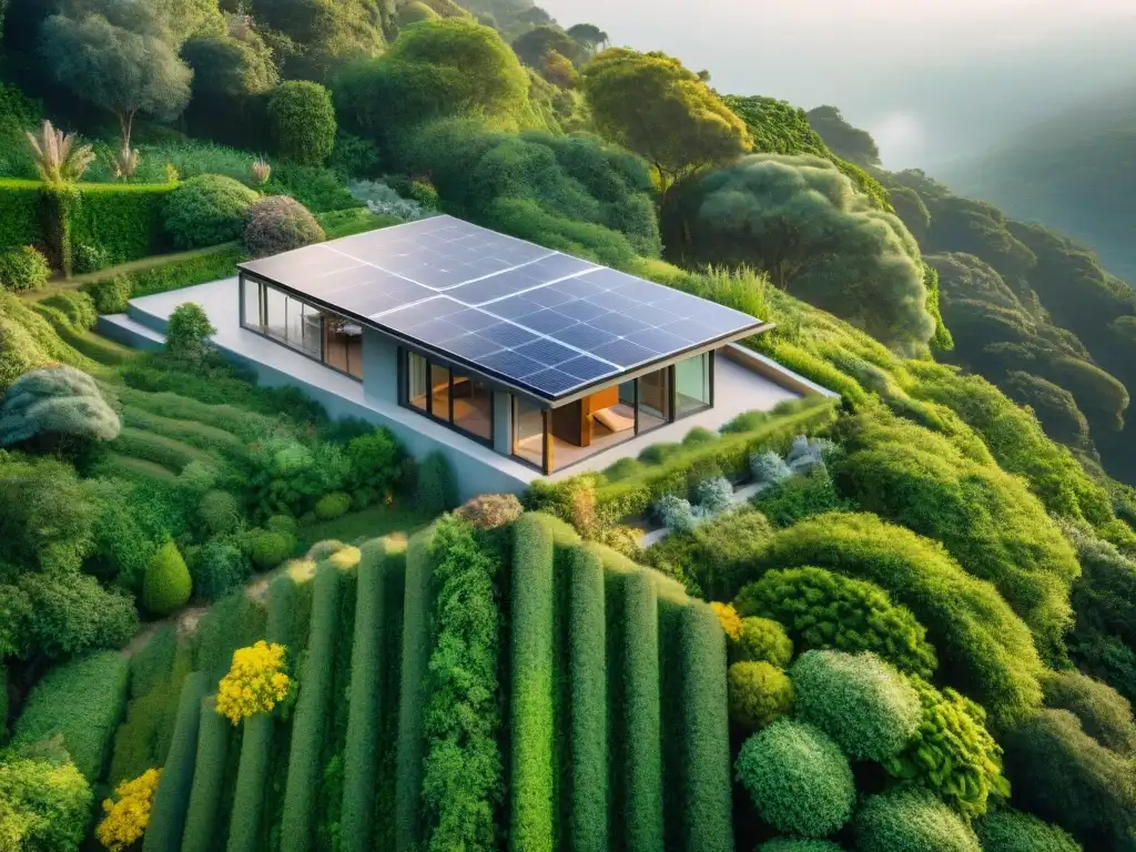 Una casa ecológica moderna rodeada de exuberante vegetación, con paneles solares y amplias ventanas para luz natural