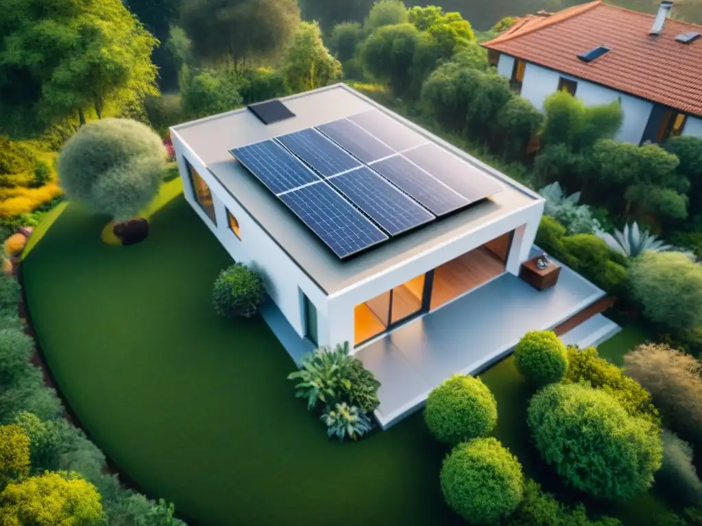 Una casa ecológica moderna rodeada de vegetación, con paneles solares y sistema de recolección de agua de lluvia