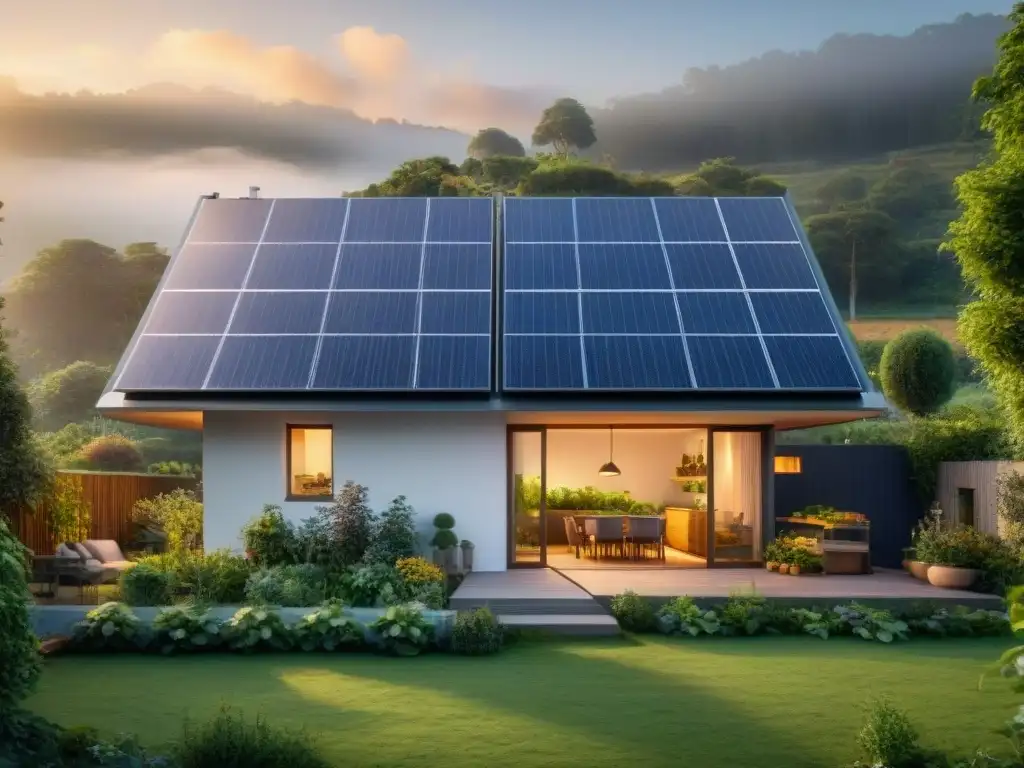 Hogar ecológico: armonía familiar en entorno sostenible Una casa ecológica moderna rodeada de vegetación, paneles solares, huerto y familia disfrutando de una comida