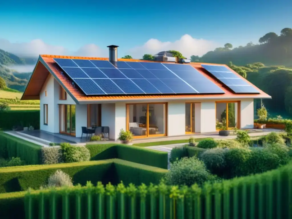 Una casa moderna con sistemas de energía renovable integrados y rodeada de vegetación exuberante, destacando la autosuficiencia energética