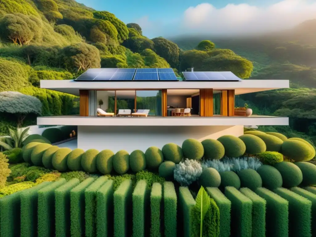 Una casa moderna y sostenible de materiales reciclados, con paneles solares, rodeada de vegetación, integrada en el paisaje natural