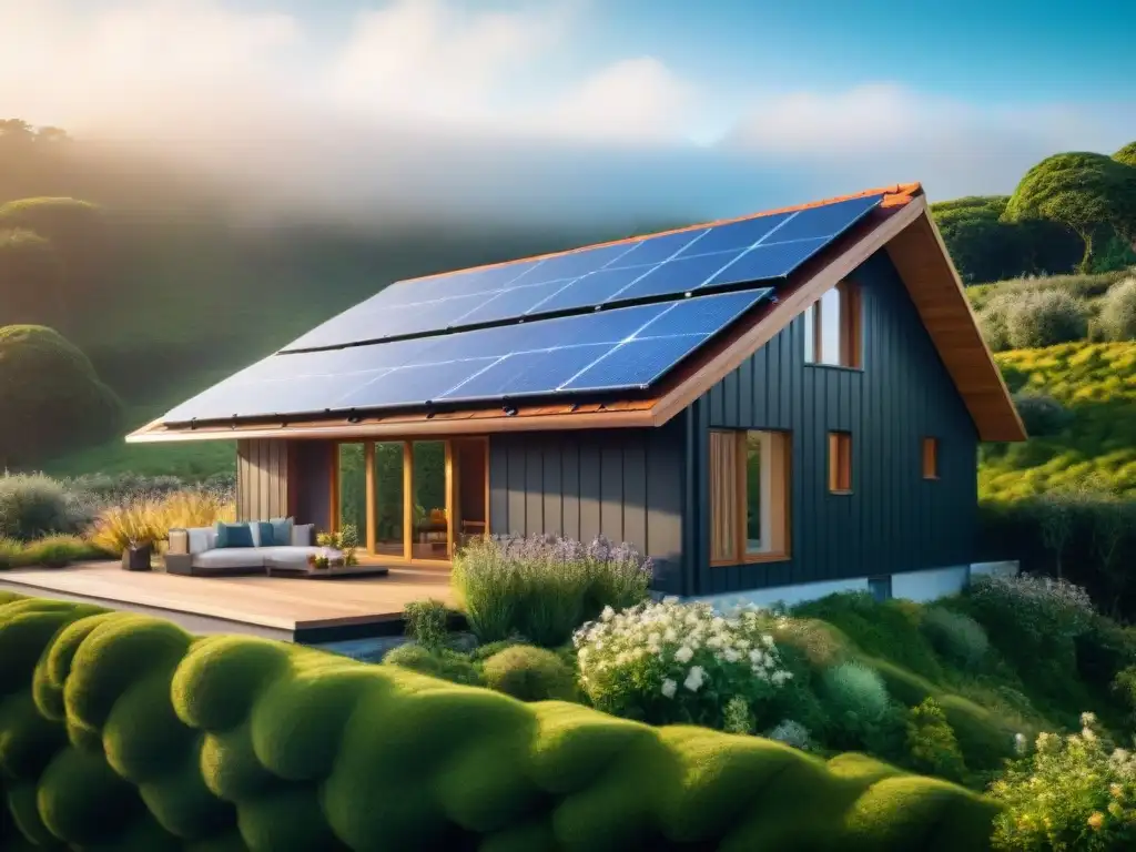 Una casa moderna y sostenible con tecnología avanzada para la gestión energética, resaltando paneles solares brillantes y un medidor inteligente