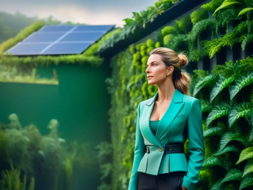 Una casa ecológica con muros verdes, paneles solares y jardines vibrantes, mostrando un diseño sostenible