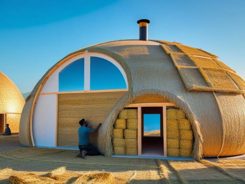 Casa de paja en construcción con aislamiento térmico natural para hogar, trabajadores colocando pacas bajo el sol