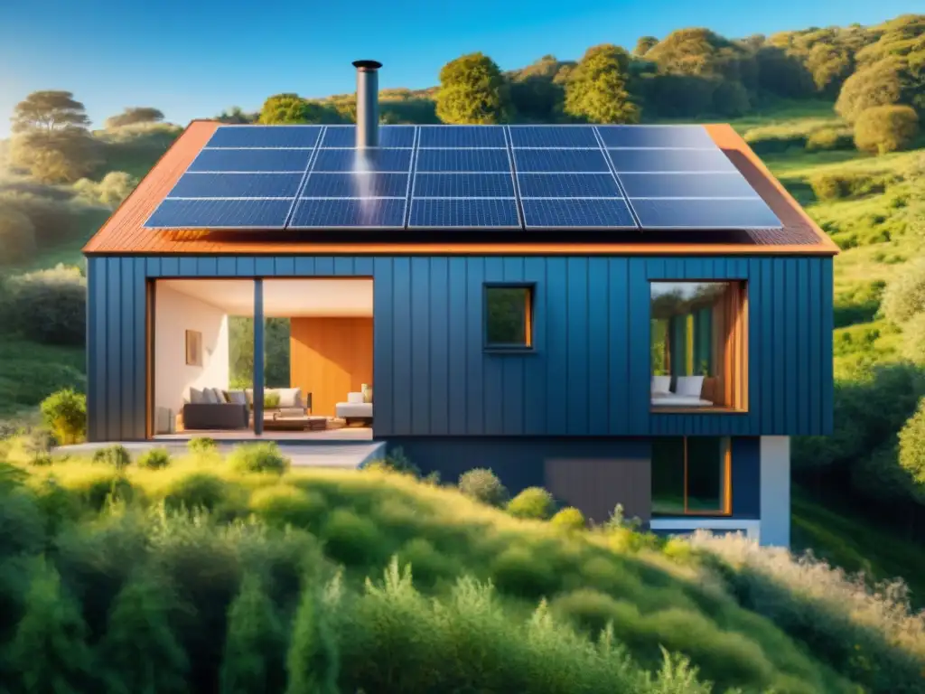 Una casa ecológica con paneles solares, rodeada de naturaleza y cielo azul